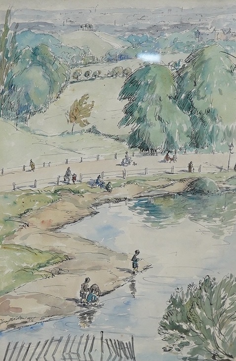Sydney Maiden (Exh.1928-1936), ink and watercolour, Figures in a park, signed and dated 1927, 39 x 26cm. Condition - fair, colours muted